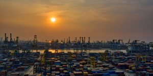 Freight containers in a shipping yard